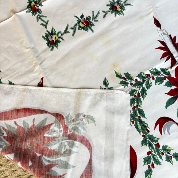 Vintage Christmas Tablecloth printed cotton white red poinsettias holly FLAWS - Picture 8 of 11